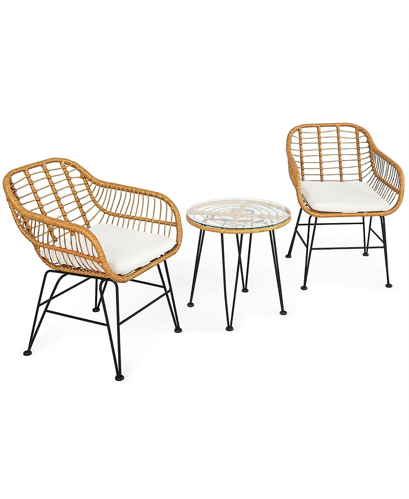 Slickblue 3 Pieces Rattan Furniture Set with Cushioned Chair Table