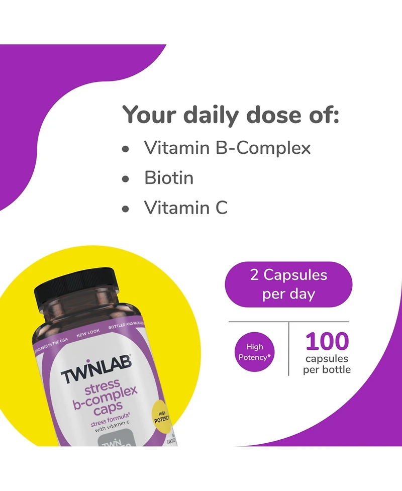 Twinlab Stress B-Complex Caps - Complete B-Complex & 1000 mg Vitamin C - Energy Support Supplement with Vitamin B12 and B6-100 Capsules (Pack of 2)