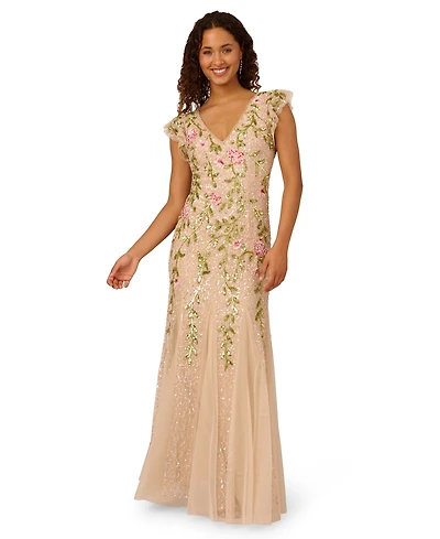 Adrianna Papell Women's Beaded Mesh Flutter-Sleeve Gown
