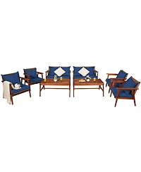 8PCS Patio Rattan Furniture Set Acacia Wood Frame Cushioned Sofa Chair Navy