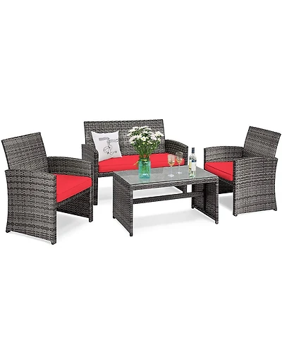 Costway 8PCS Patio Rattan Furniture Set Conversation Glass Table Top Cushioned Sofa
