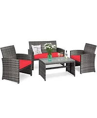 Costway 8PCS Patio Rattan Furniture Set Conversation Glass Table Top Cushioned Sofa