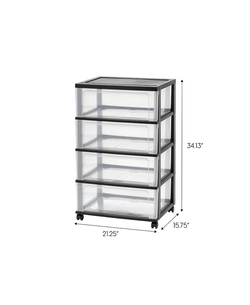 Iris Plastic 4 Drawer Wide Storage Cart with 4 Caster Wheels, Black