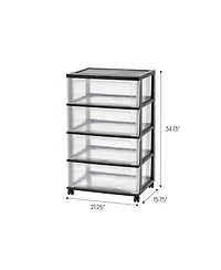 Iris Plastic 4 Drawer Wide Storage Cart with 4 Caster Wheels, Black