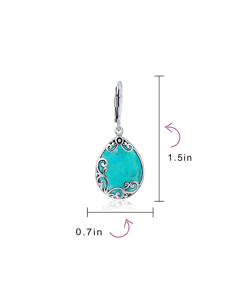 Bling Jewelry Boho Western Large Flat Teardrop Natural Stone Filigree Scroll Lever Back Dangle Earrings Oxidized .925 Sterling Silver