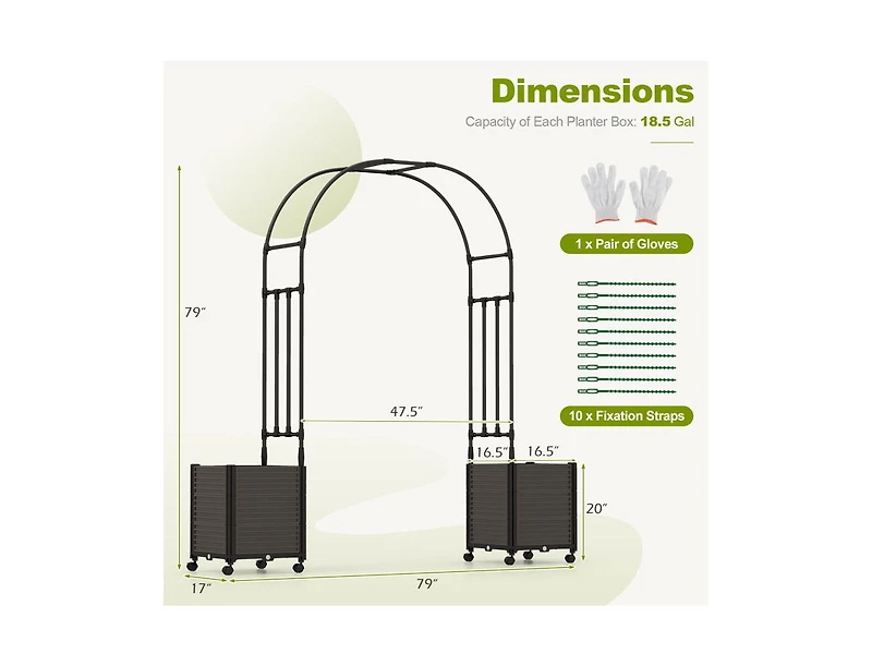 Slickblue 6.6 Feet Arch Arbor Trellis with 2 Planter Boxes & Detachable Pe-Coated Metal Tubes-Black
