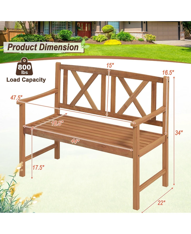 Slickblue 2-Person Wood Outdoor Bench with Cozy Armrest and Backrest