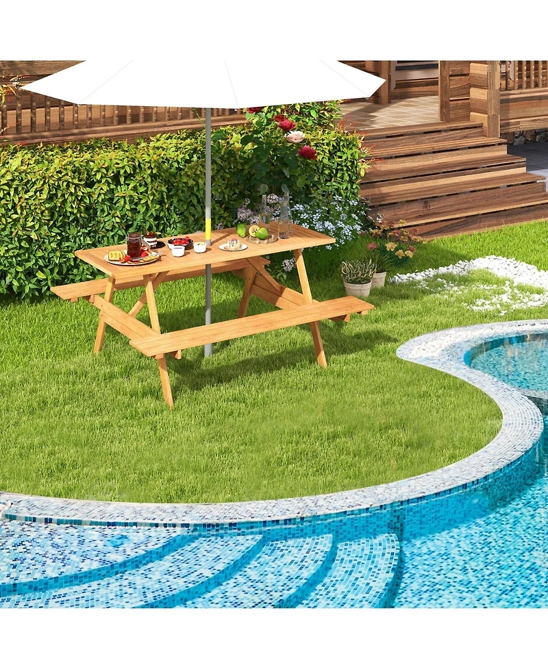 Slickblue 6 Person Picnic Table Set Patio Rectangle with 2 Built-in Benches and Umbrella Hole