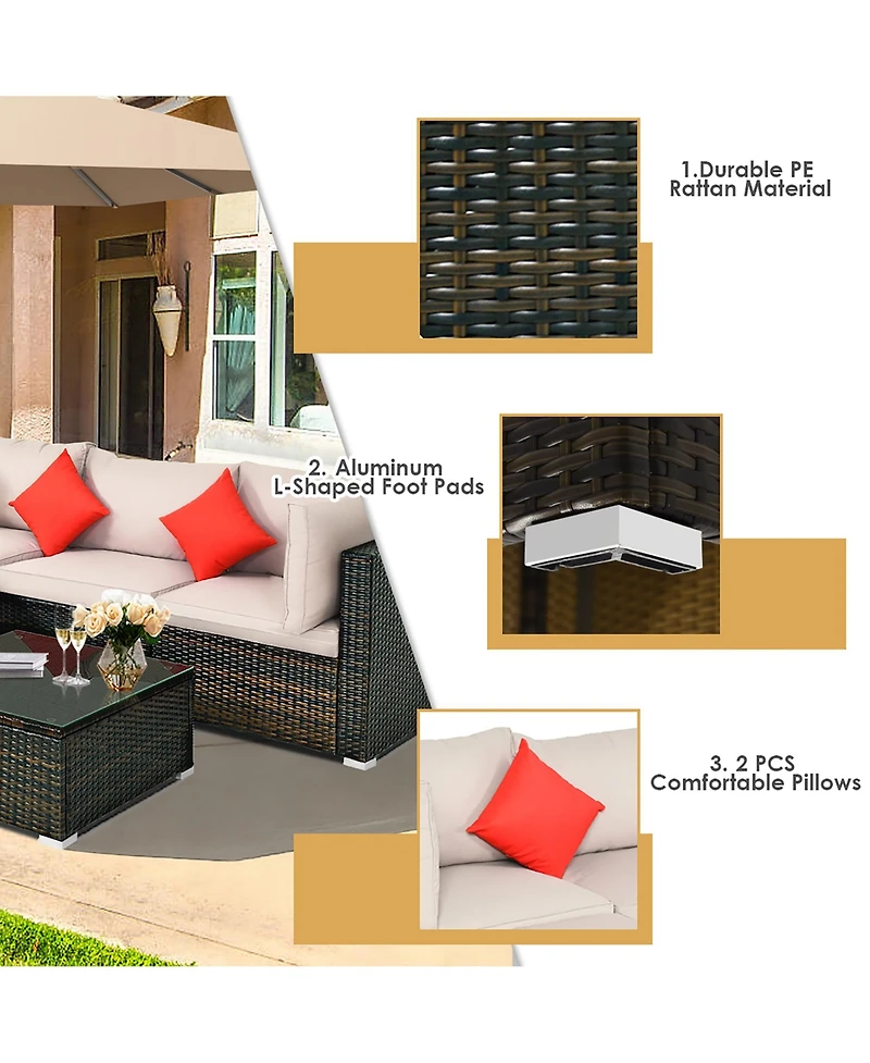 Costway 5PCS Outdoor Patio Rattan Furniture Set Sectional Conversation