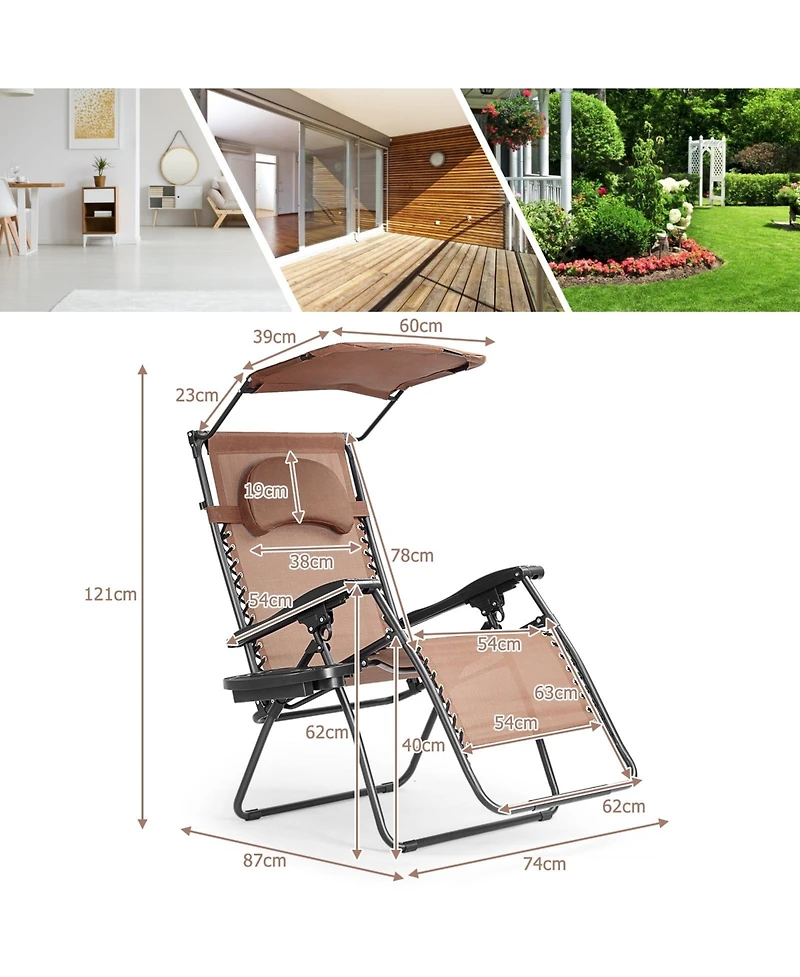 Slickblue Folding Recliner Lounge Chair with Shade Canopy Cup Holder