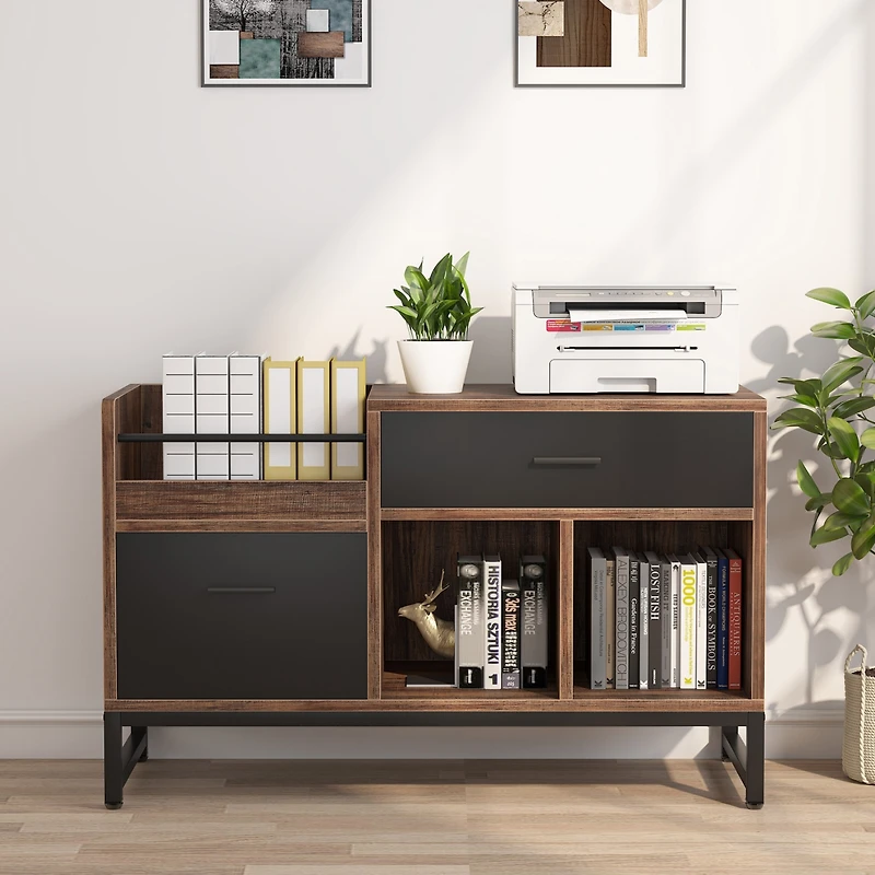Tribesigns Rustic Brown 39 inch File Cabinet with 2 Drawers, Lateral Filing Cabinets, Printer Stand with Open Storage Shelves and Letter Size/A4 Size
