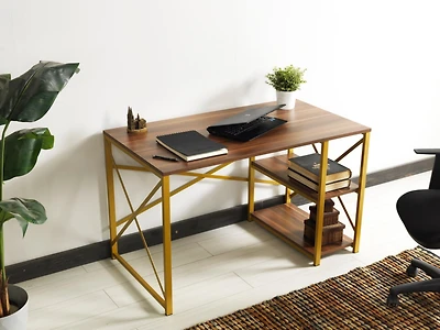 Streamdale Morello Gold Metal Frame Desk with Wooden Top