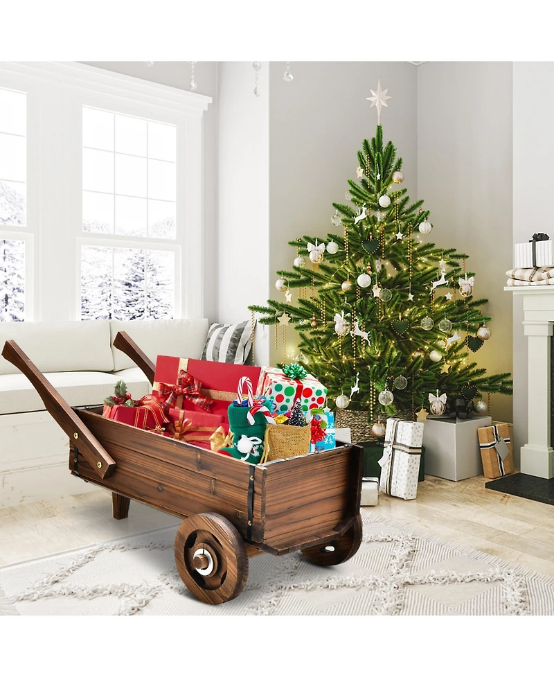 Slickblue Wooden Wagon Planter Box with Wheels Handles and Drainage Hole-Rustic Brown