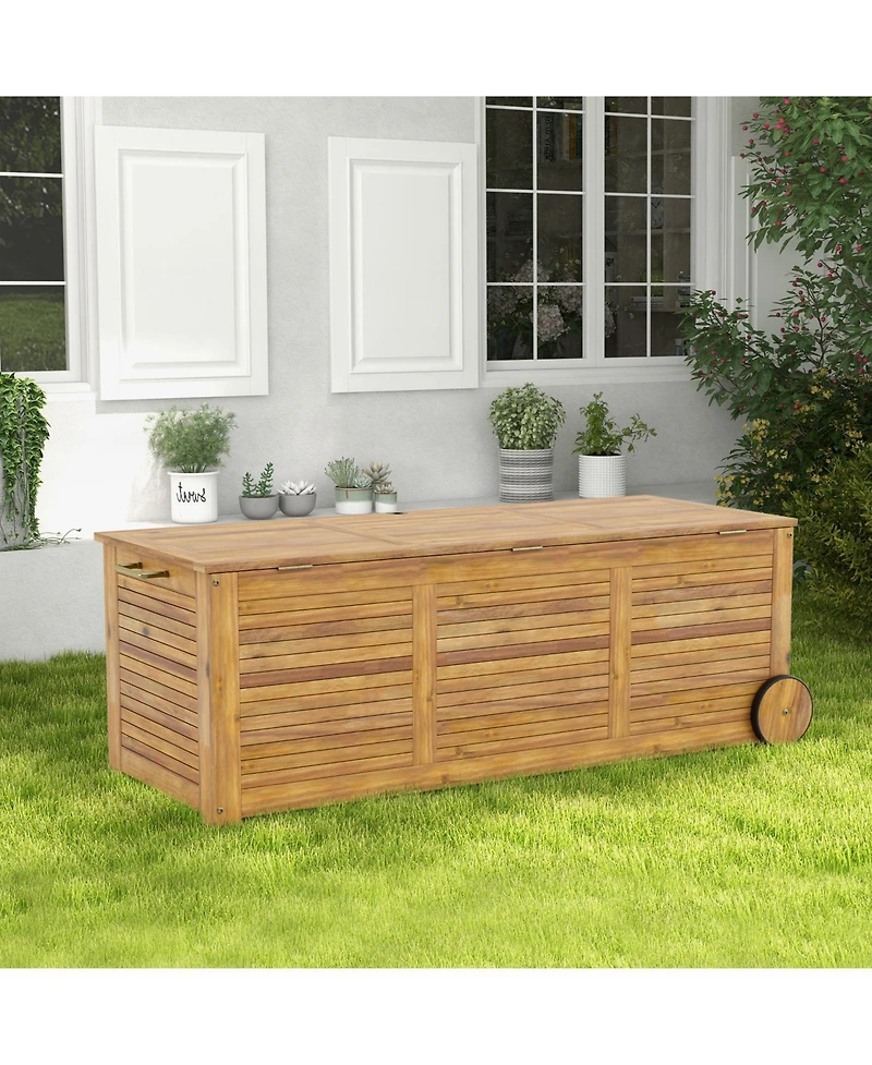 Slickblue Rolling Patio Wooden Deck Box with 2 Wheelsand Side Handle for Outdoor