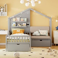 Streamdale Twin House Bed with Sofa, Charging Station, Shelves & Drawers