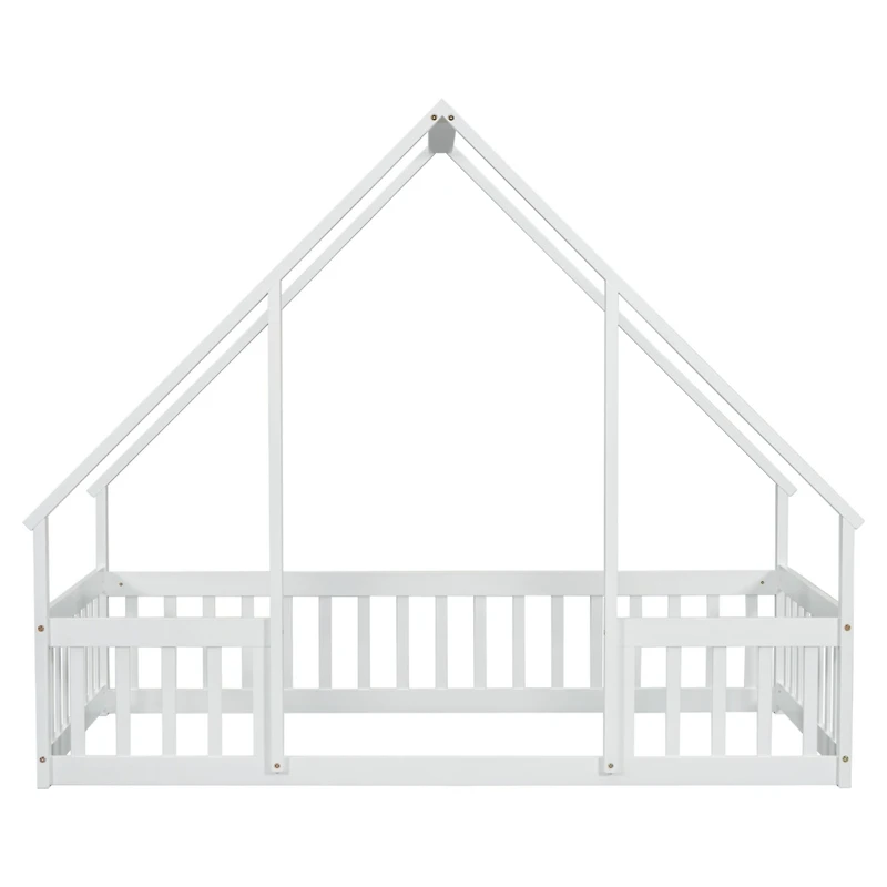 Simplie Fun Twin Wood House-Shaped Floor Bed with Fence, Guardrails, White