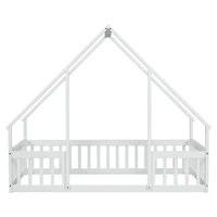 Simplie Fun Twin Wood House-Shaped Floor Bed with Fence, Guardrails, White