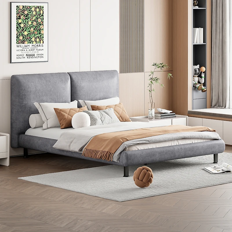 Streamdale Queen Platform Bed with Headrests, Beige Fabric