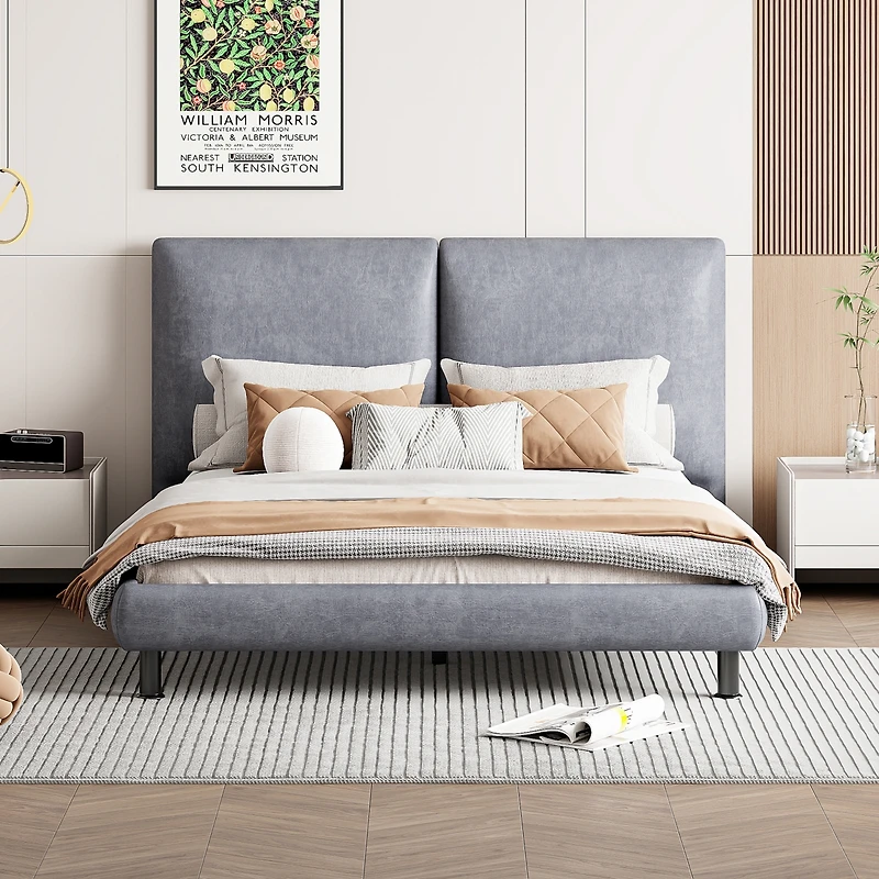 Streamdale Queen Platform Bed with Headrests, Beige Fabric