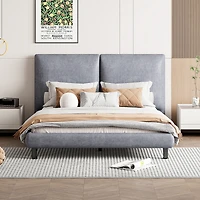 Streamdale Queen Platform Bed with Headrests, Beige Fabric