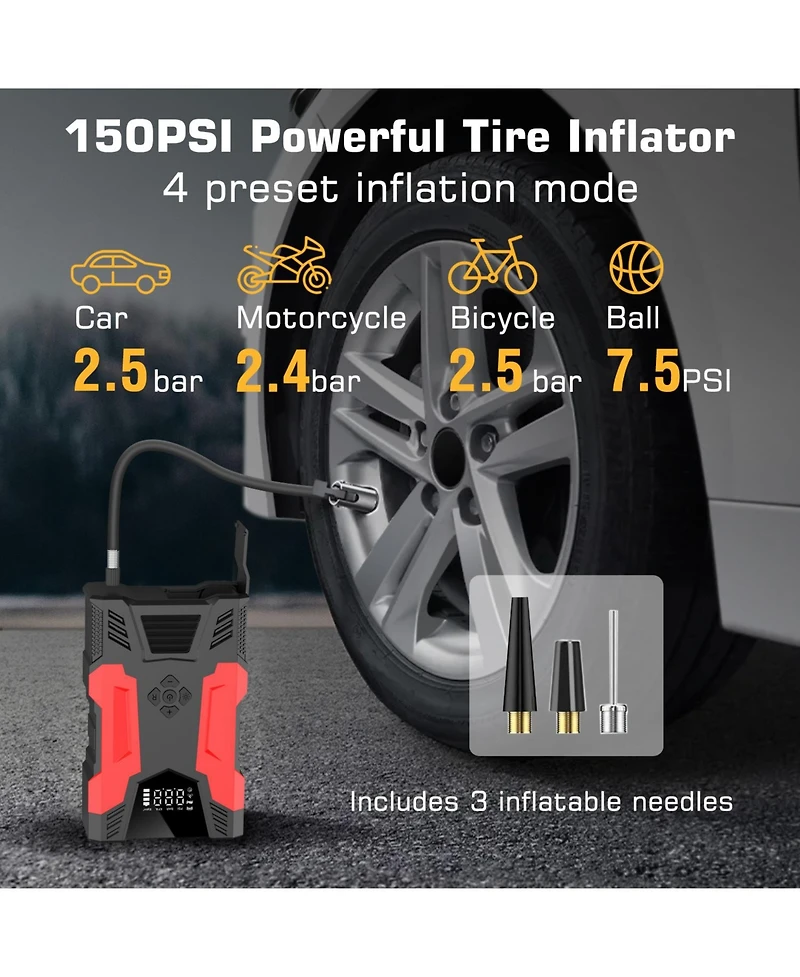 Alpha Digital Car Jump Start & 150PSI Tire Inflator: 3000A Peak- 7L Gas/5L Diesel