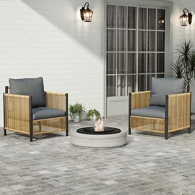Simplie Fun Outdoor Brown Pe Wicker Sofa Set-2 Pieces Single Sofa with Grey Cushion