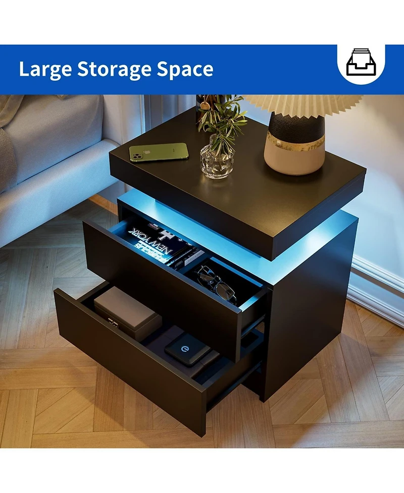 Streamdale Modern Led Nightstand with Adjustable Shelf and Drawers
