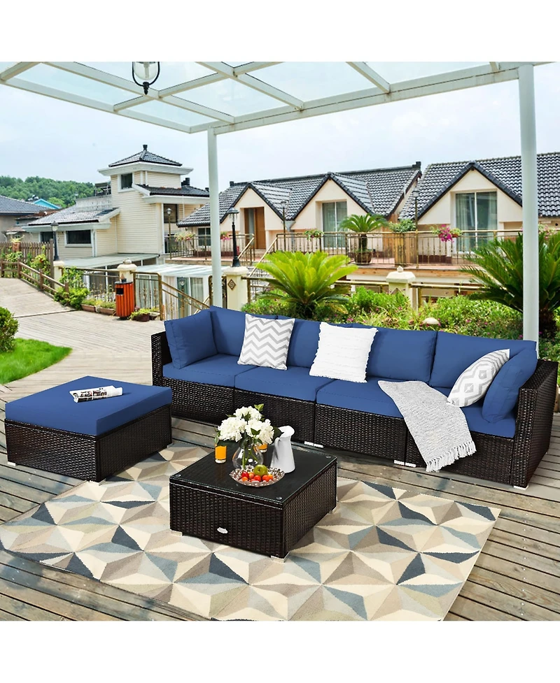 6PCS Outdoor Patio Rattan Furniture Set Cushioned Sectional Sofa