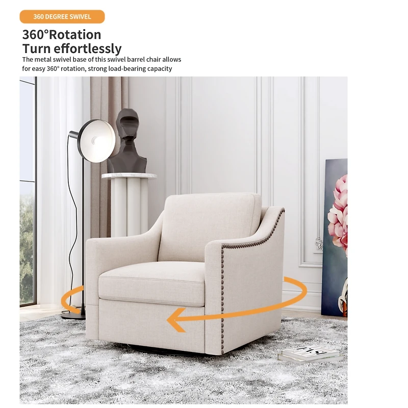 Streamdale Swivel Armchair in Cotton Linen with Brass Accents