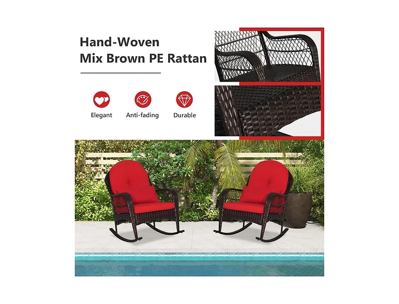 Slickblue Patio Rattan Rocking Chair with Seat Back Cushions and Waist Pillow