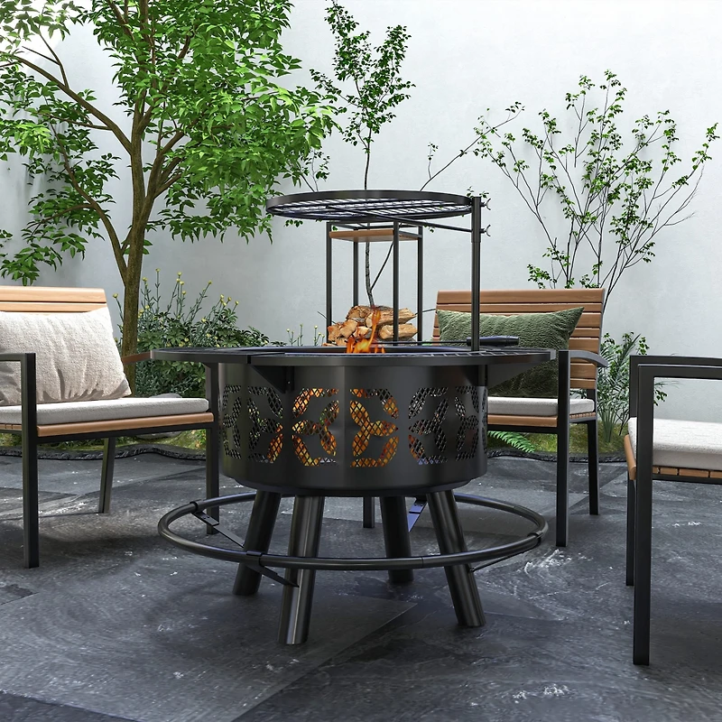 Outsunny Fire Pit Bbq Grill with Poker, Wood Burning Firepit,