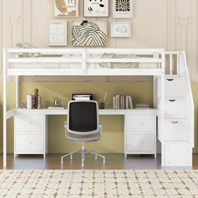 Streamdale White Loft Bed with Desk and Drawers