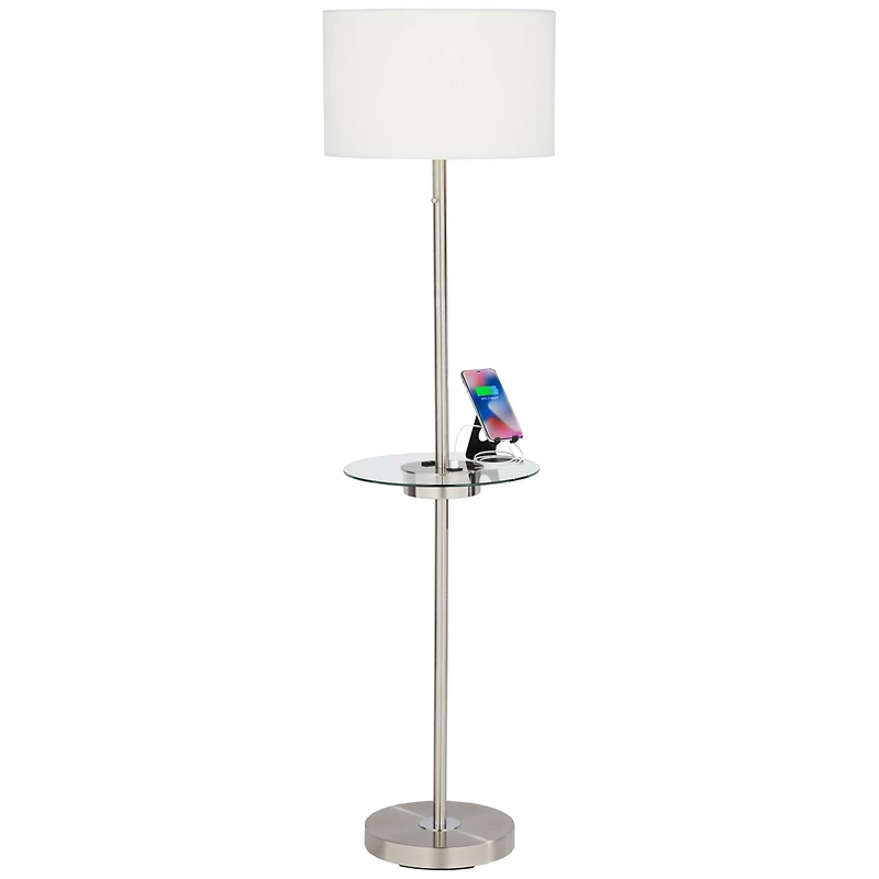 360 Lighting Caper Modern Floor Lamp with Tray Table 60 1/2" Tall Brushed Nickel Usb and Ac Power Outlet Off White Fabric Drum Shade for Living R