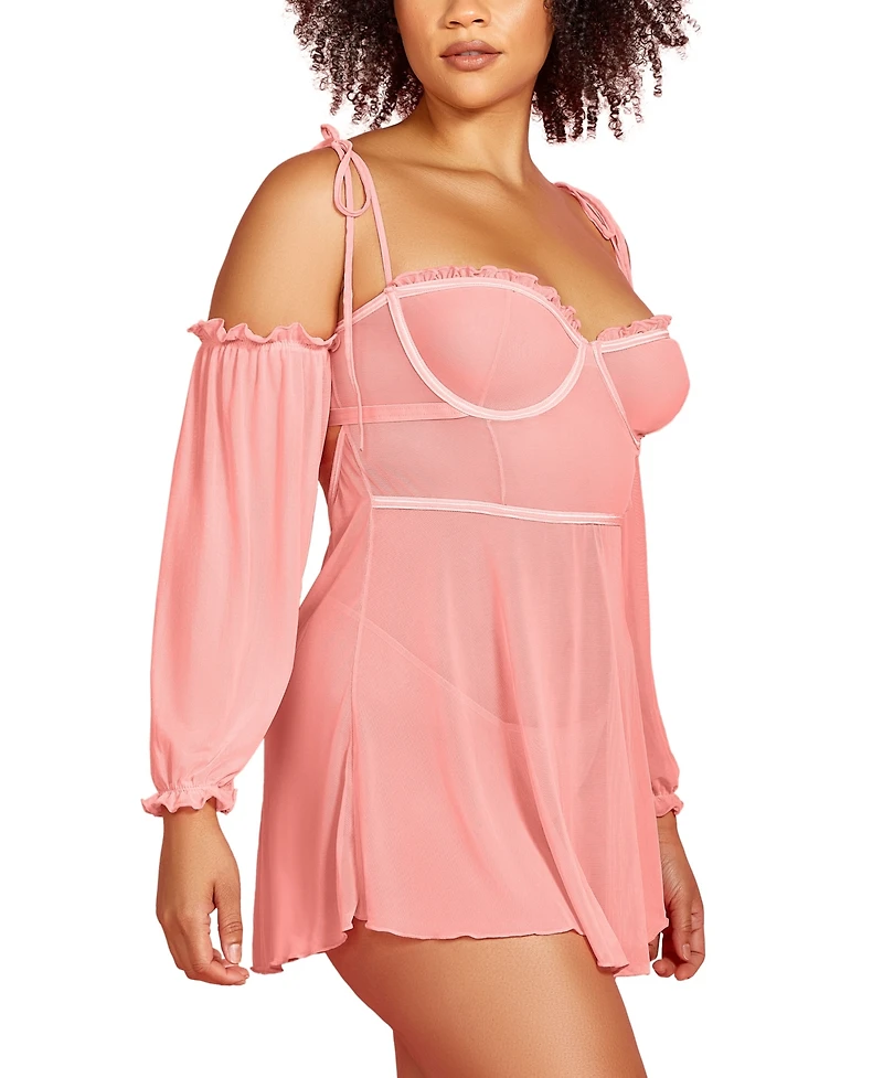 Hauty Plus 2PC Babydoll Lingerie Set Sheer Soft Mesh and Attached off the Shoulder Sleeves