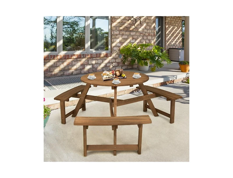 Slickblue 6-person Round Wooden Picnic Table with Umbrella Hole and 3 Built-in Benches-Dark Brown