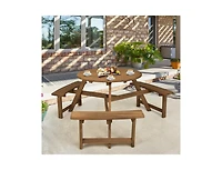 Slickblue 6-person Round Wooden Picnic Table with Umbrella Hole and 3 Built-in Benches-Dark Brown