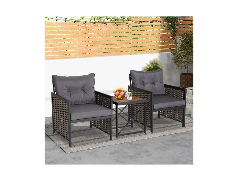 Slickblue 3 Piece Patio Rattan Furniture Set with Acacia Wood Tabletop