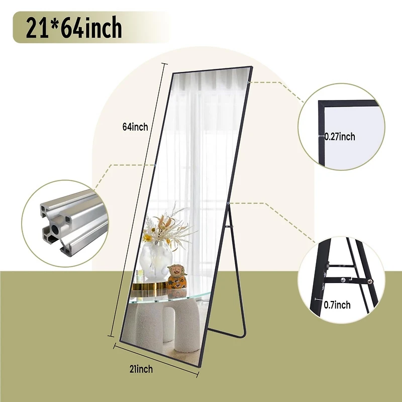 Homlux Black 64"x21" Full-Length Rectangle Nano Glass Mirror, Standing or Wall-Mounted