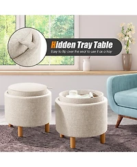 Slickblue Round Fabric Storage Ottoman with Tray and Non-Slip Pads for Bedroom