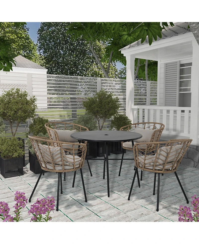 Mondawe 5 Piece Metal Outdoor Seating Set Wicker Rattan Dining Set with Gray Cushion for Backyard