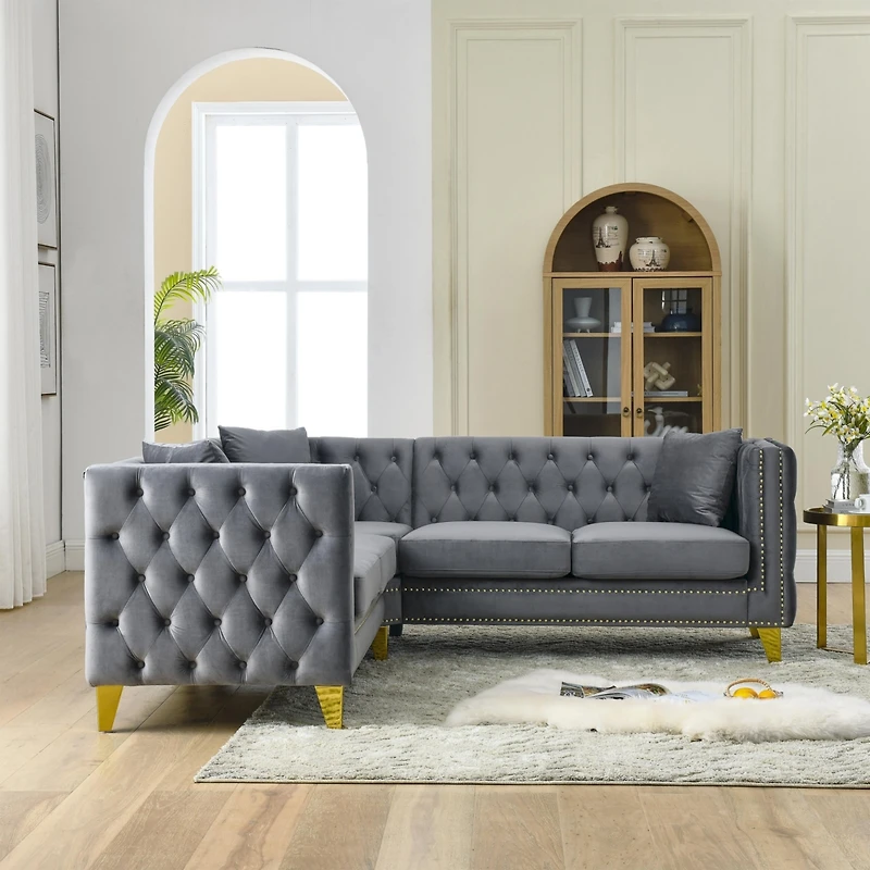 Streamdale 82.2" Velvet L-Shaped Corner Sofa, 5-Seater, 3 Cushions