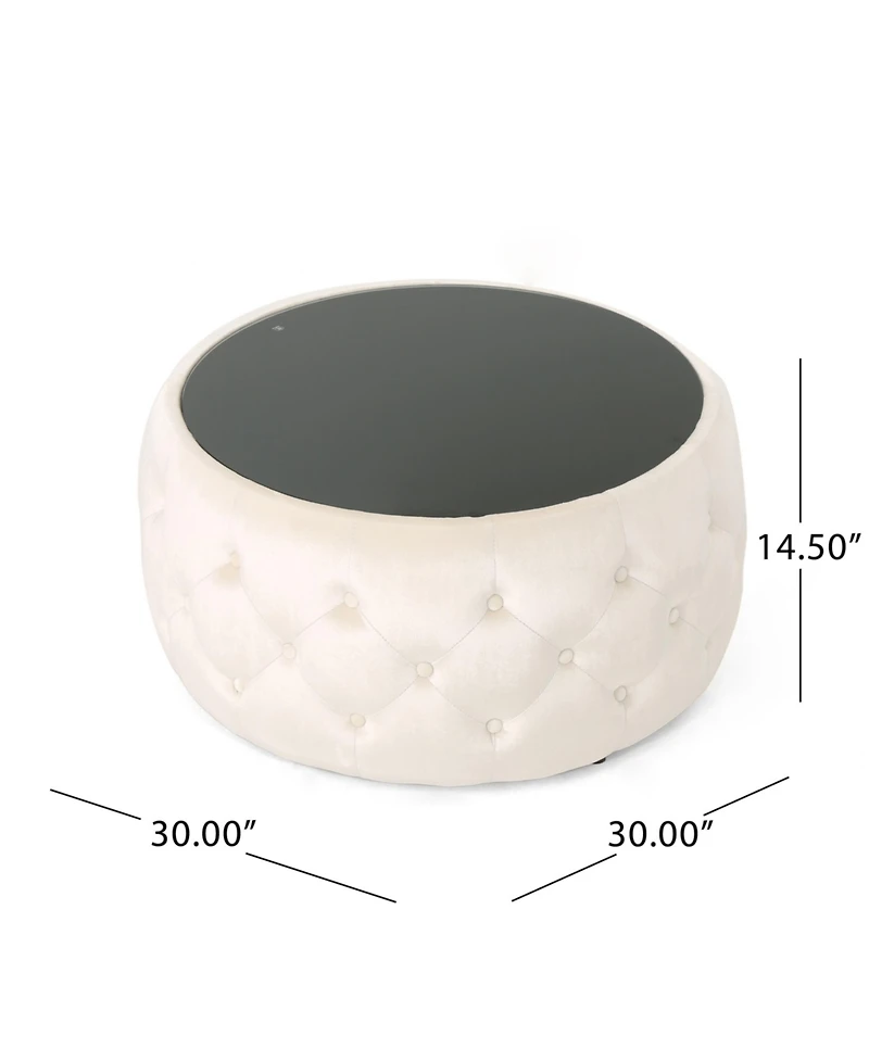 Streamdale Modern Glam Velvet Ottoman with Button-Tufted Stitch and Glass Top