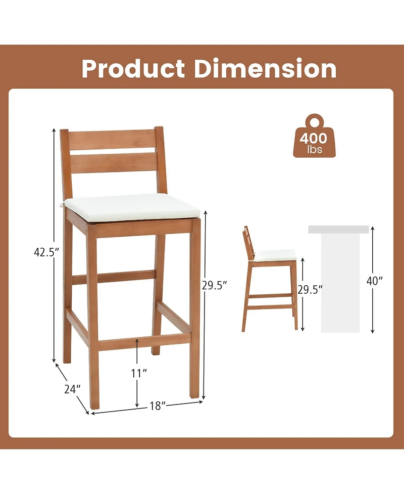Slickblue Set of 2 Outdoor Wood Barstools with Soft Seat Cushion-Off White