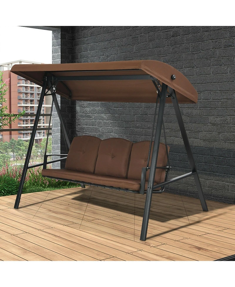 Slickblue Outdoor 3-Seat Porch Swing with Adjust Canopy and Cushions-Coffee