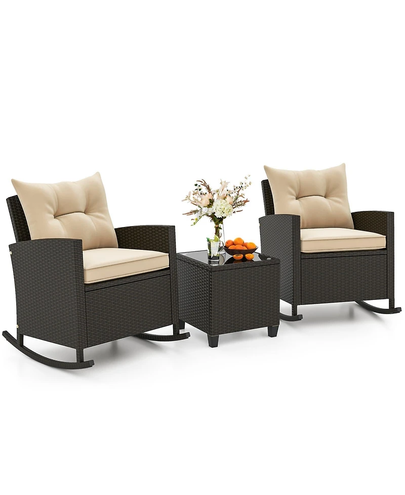 Slickblue Patio Rattan Roker Chairs with Tempered Glass Table and Soft Cushions for Backyard Poolside Porch-Beige
