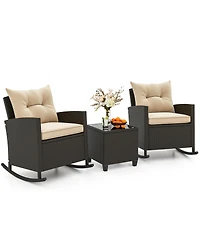 Slickblue Patio Rattan Roker Chairs with Tempered Glass Table and Soft Cushions for Backyard Poolside Porch-Beige