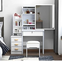 Streamdale White Vanity Desk Set with Mirror, Lights and Chair