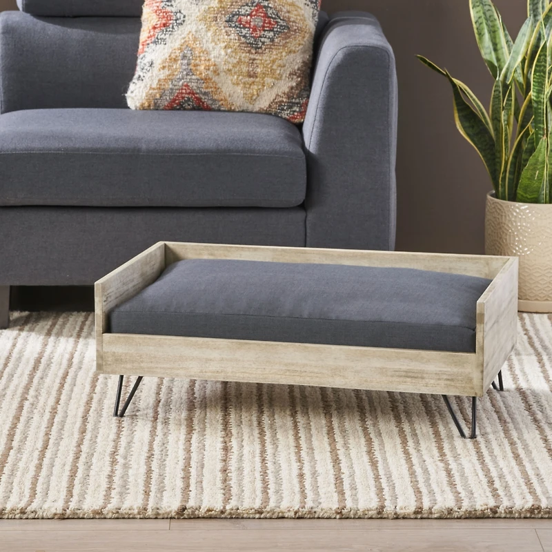 Streamdale Furniture Mid-Century Modern Acacia Wood Pet Bed with Water-Resistant Cushion