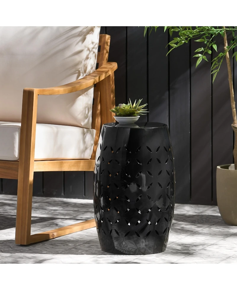 Streamdale Black Barrel-Shaped Lace-Cut Side Table for Patio or Garden