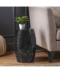 Streamdale Black Barrel-Shaped Lace-Cut Side Table for Patio or Garden